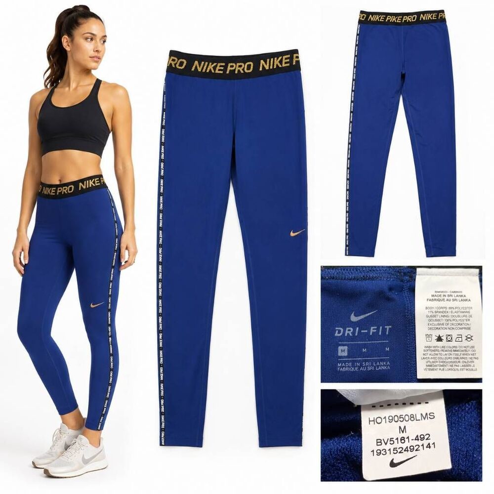 Nike Pro Womens M Dri FIT Blue Gold Training Leggings